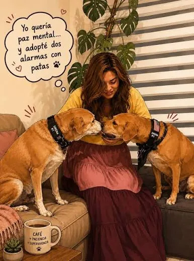 Cynthia con sus dos perros en casa