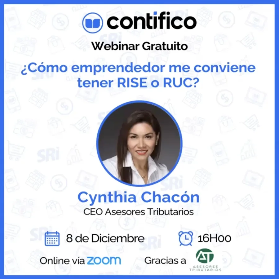 Portada del webinar de Contífico con Cynthia Chacón: ¿Cómo emprendedor me conviene tener RISE o RUC?