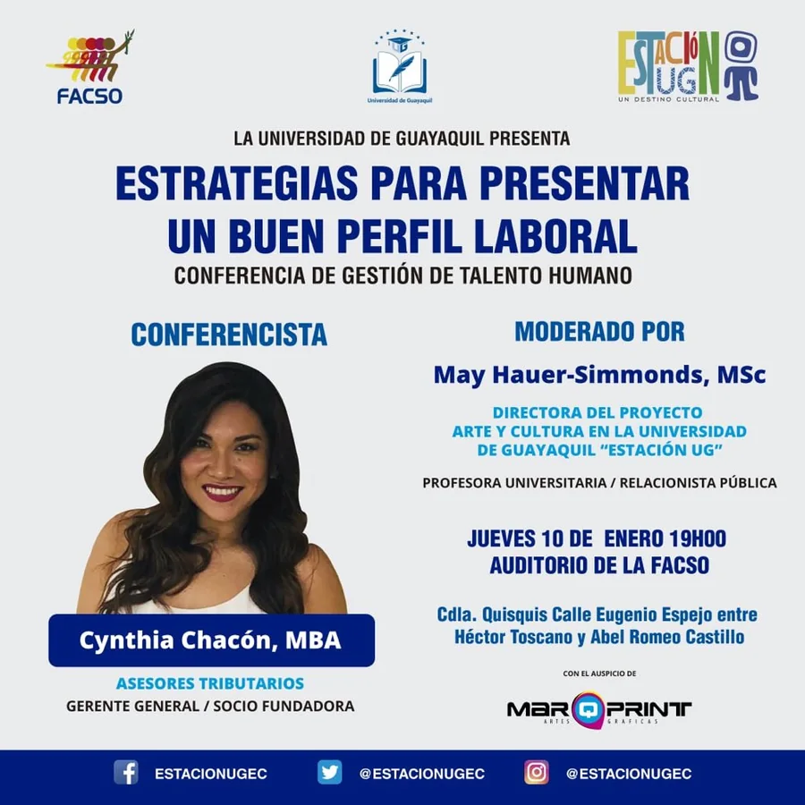 Cynthia Chacón, conferencista en la Universidad de Guayaquil (FACSO)